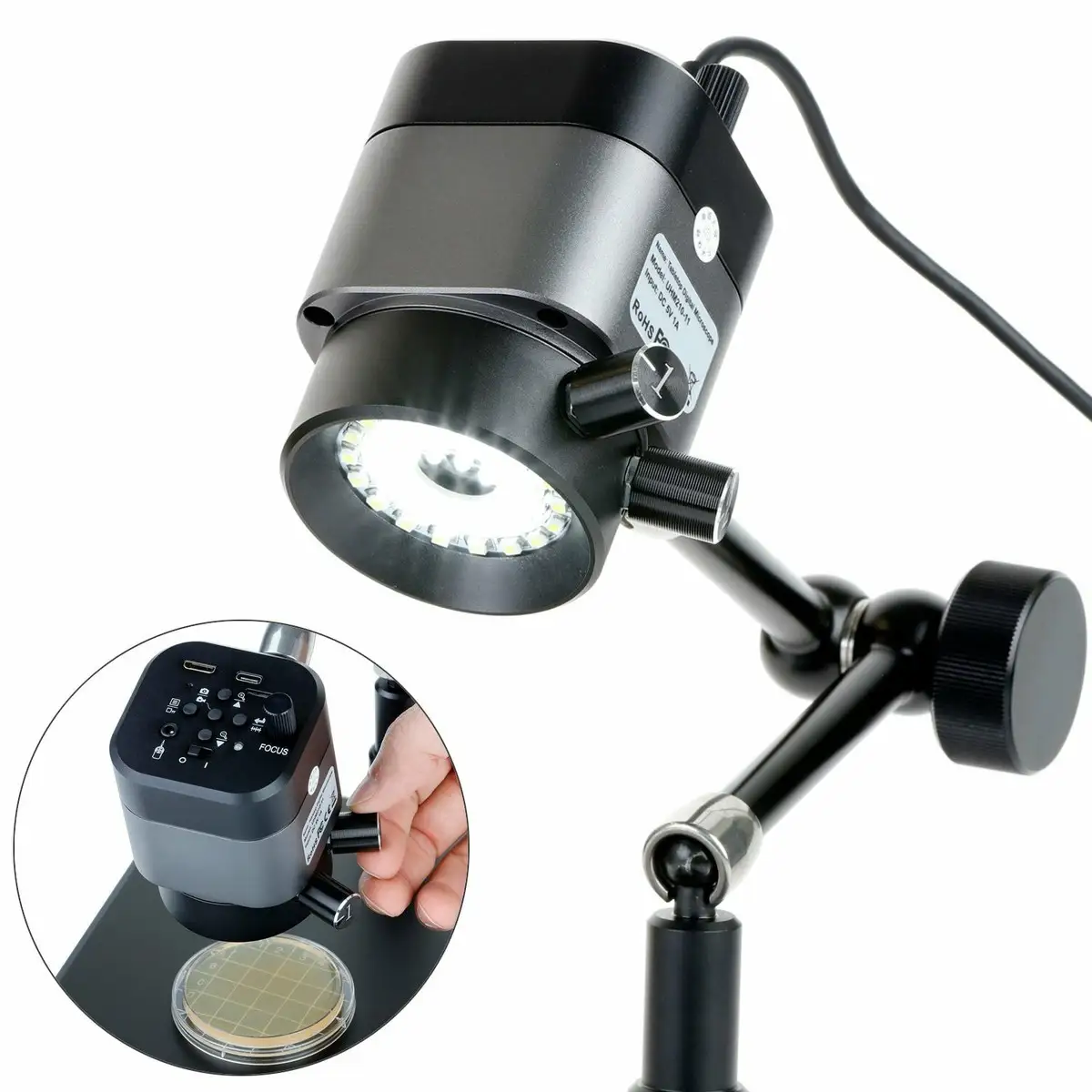 AmScope UHM210 HDMI microscope working distance and lighting example