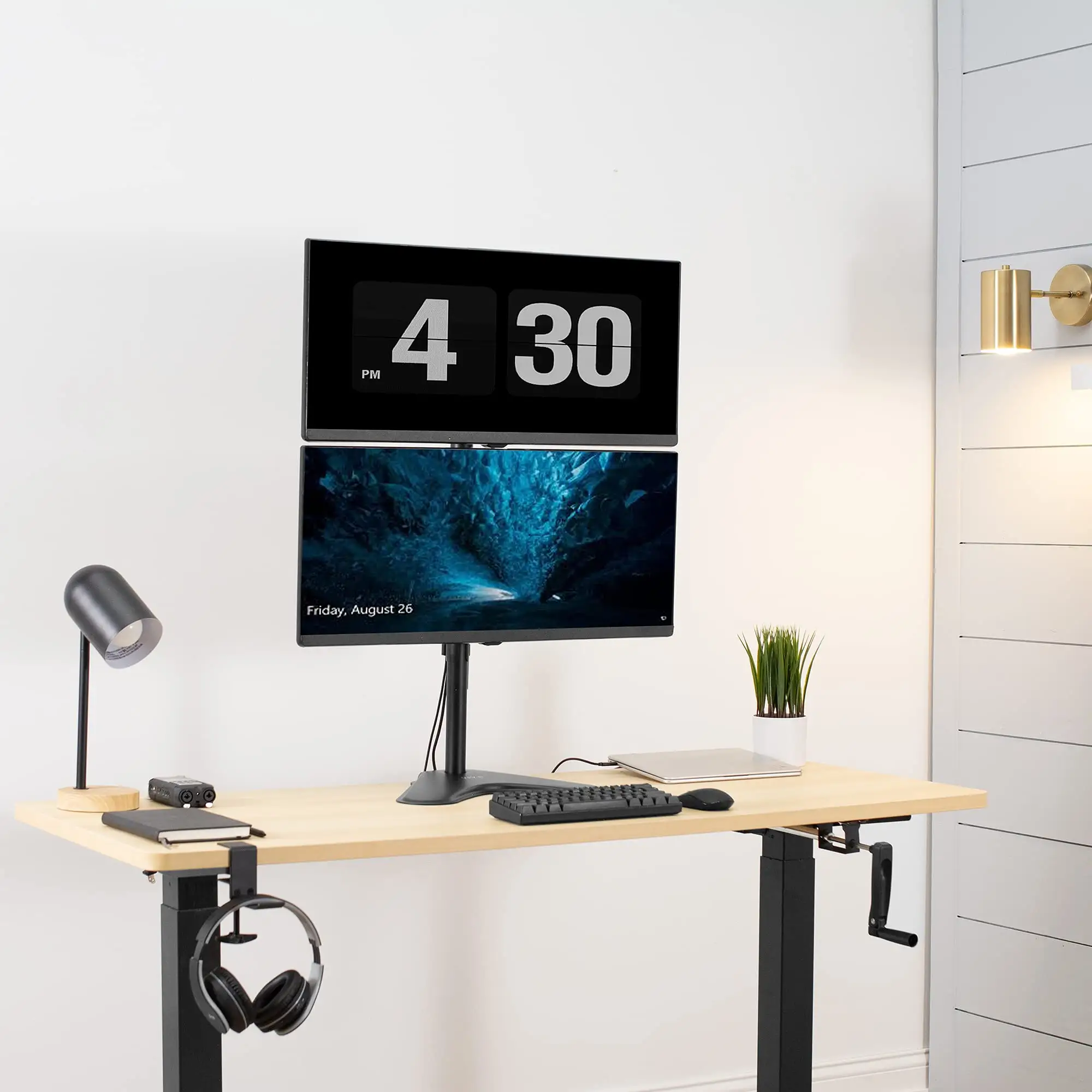 VIVO Dual Monitor Stand showing vertical stacking setup