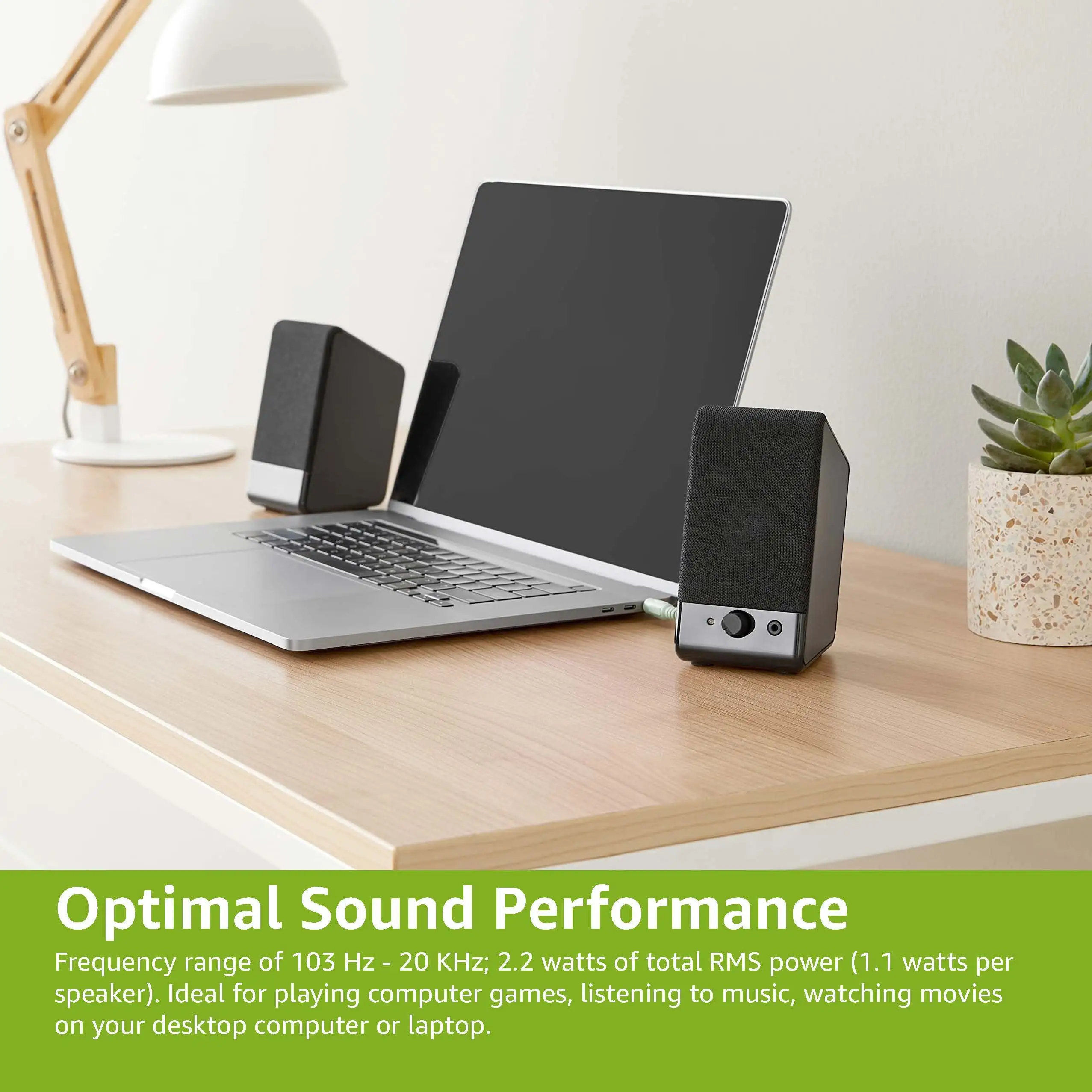 Amazon Basics USB speakers on desk with LED