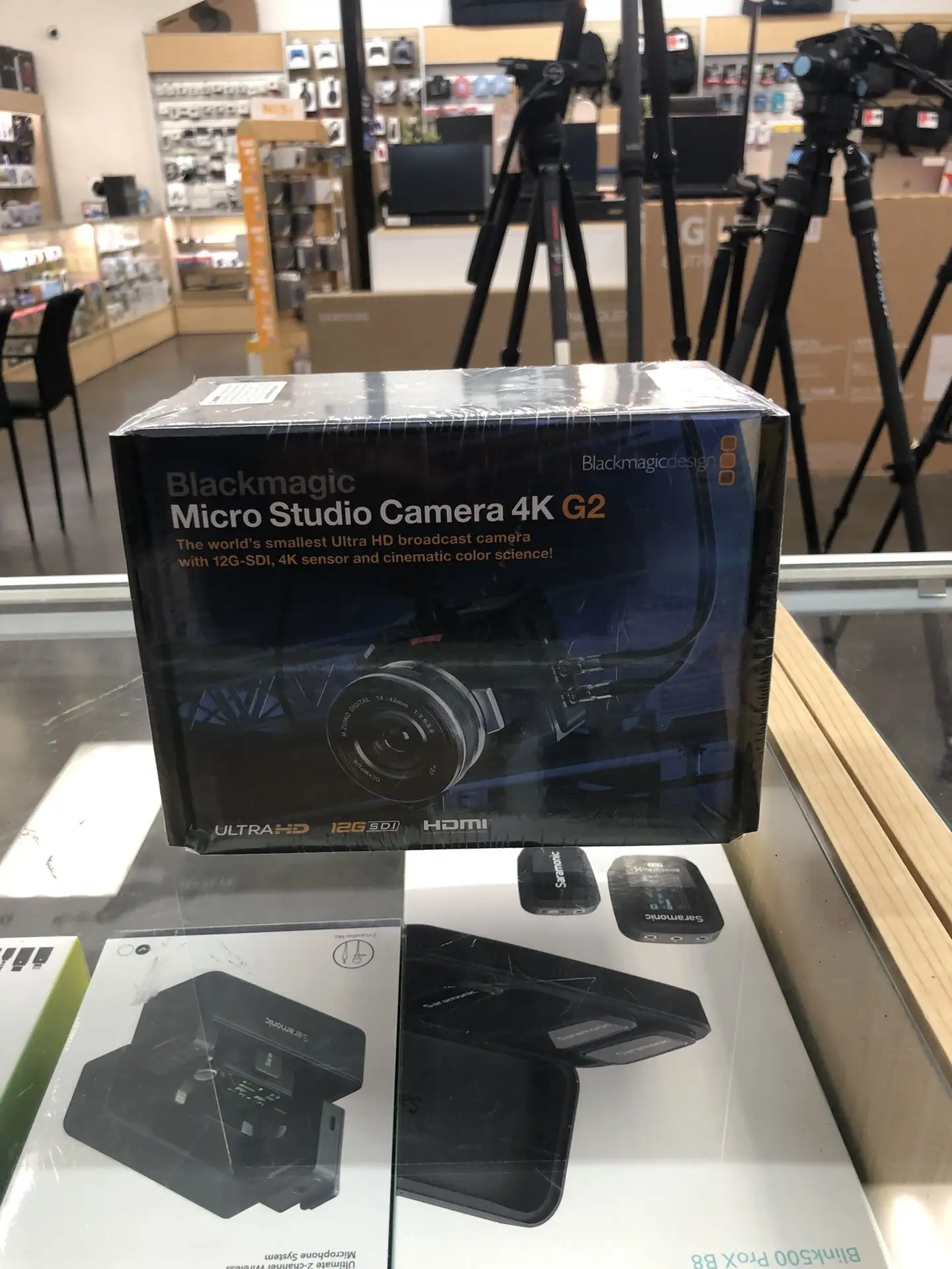 Blackmagic Micro Studio Camera 4K G2 with lens and monitor rig