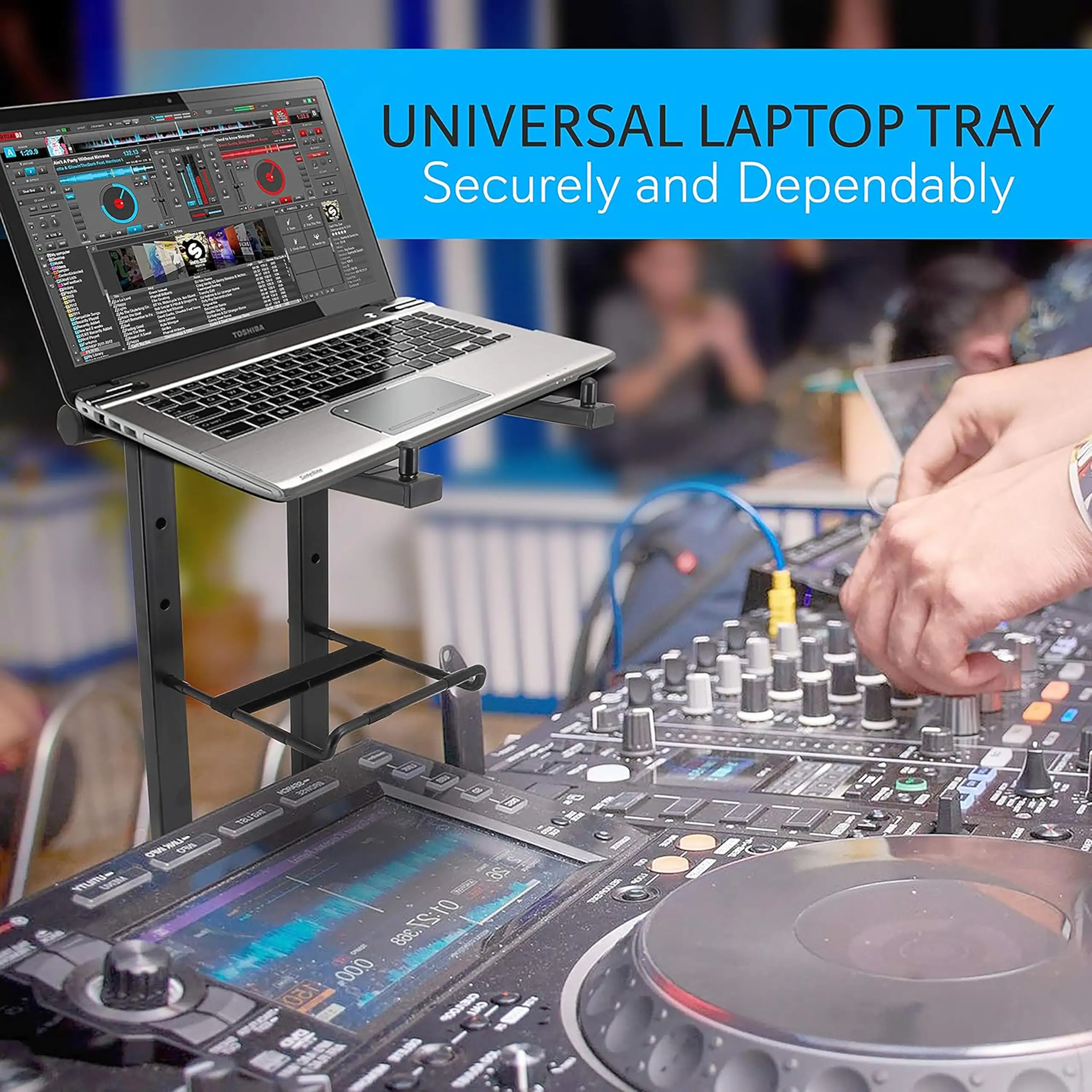 Pyle Portable Folding Laptop Stand in use at DJ booth