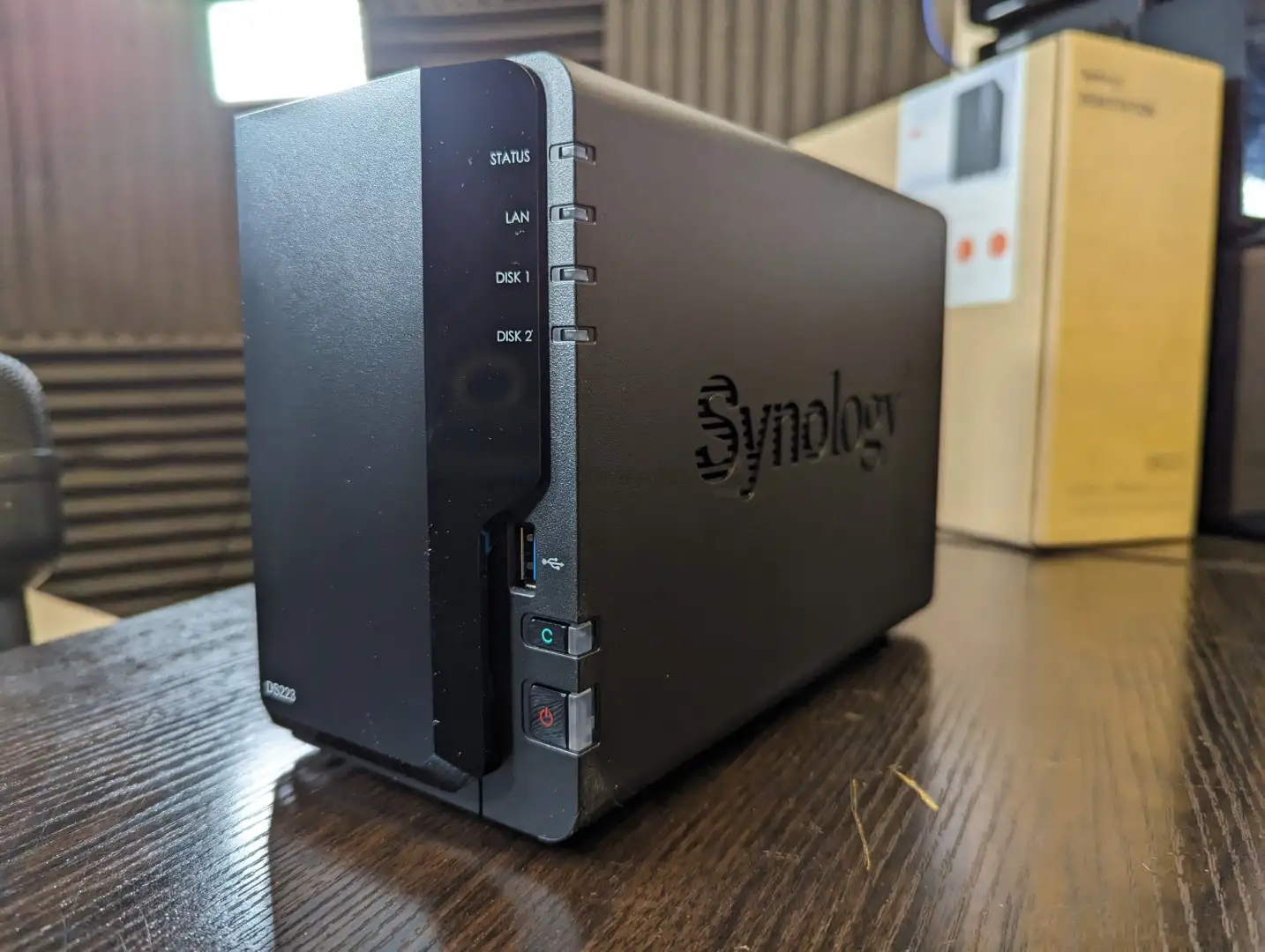 Synology DS223 NAS showing ports and design