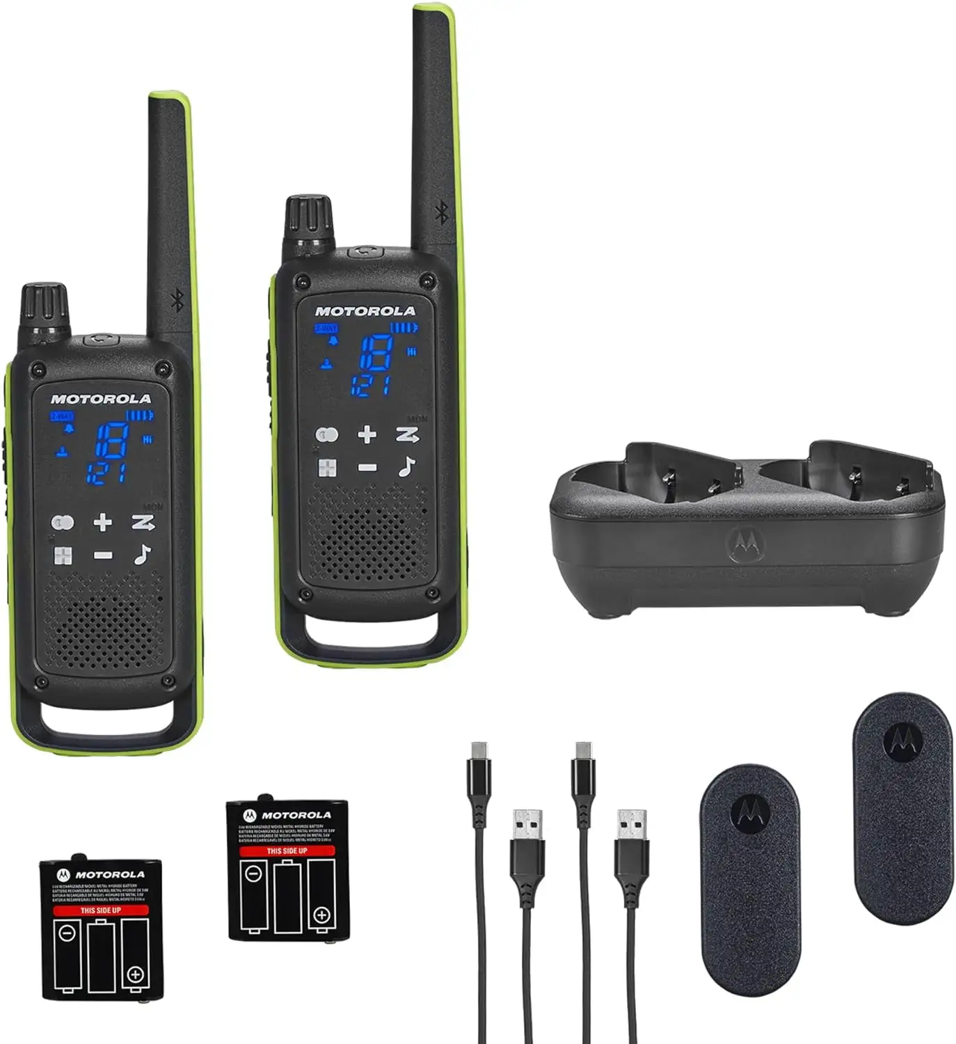 Motorola T803 two-way radio in lime green outdoor use