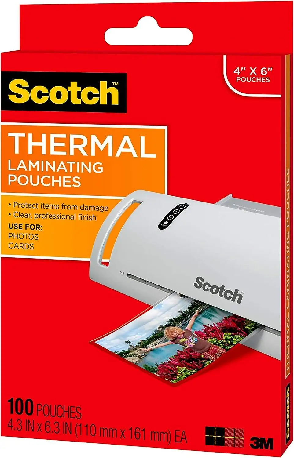 Scotch Self-Sealing Laminating Pouches pack and finished laminate