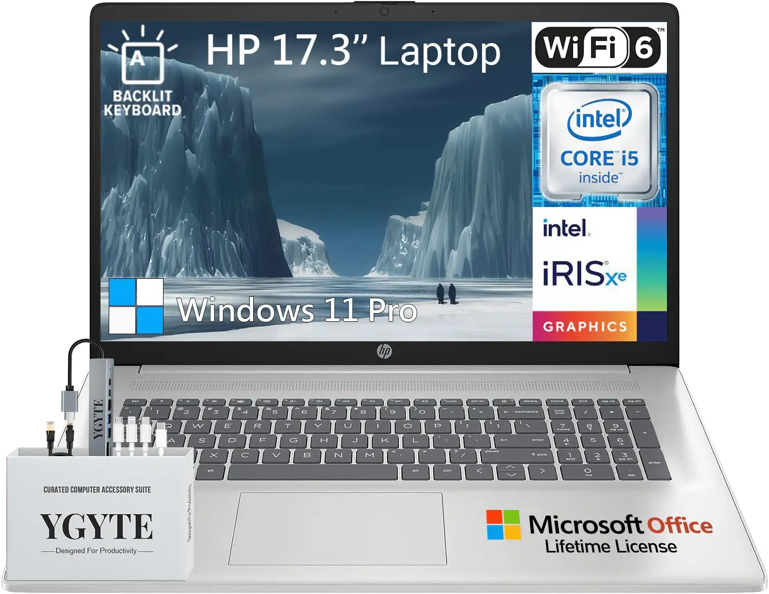 HP 17 Laptop close-up showing screen and keyboard