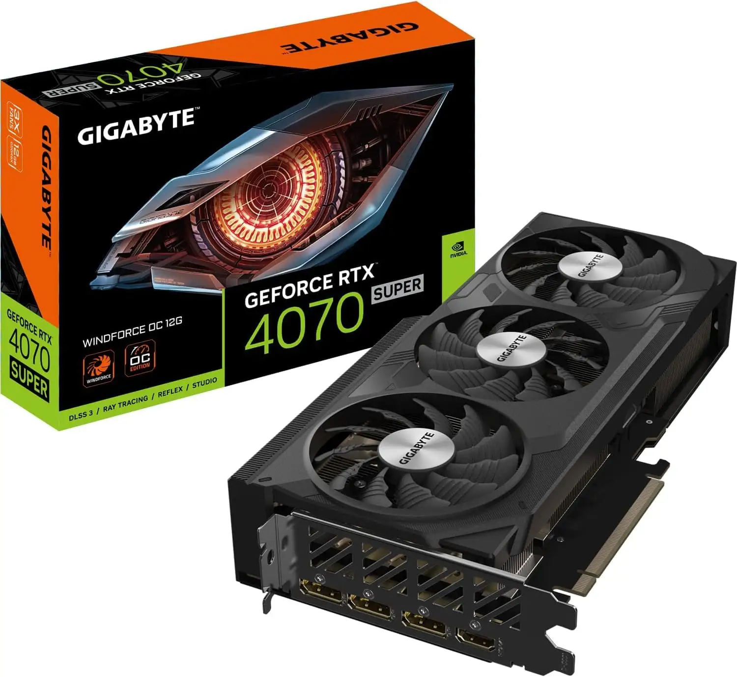 GIGABYTE RTX 4070 Super WINDFORCE OC angled view