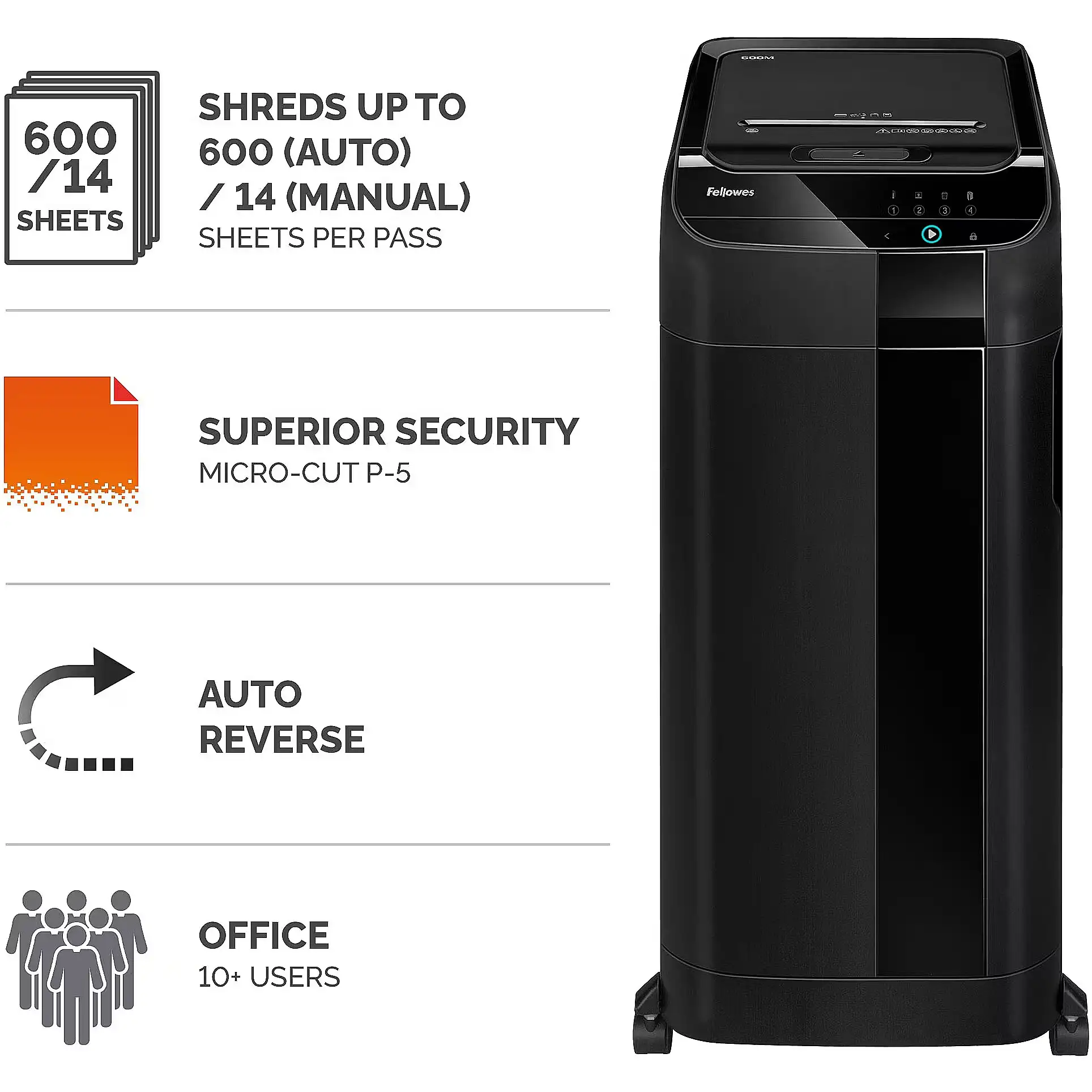 Fellowes AutoMax shredder showing auto feed mechanism