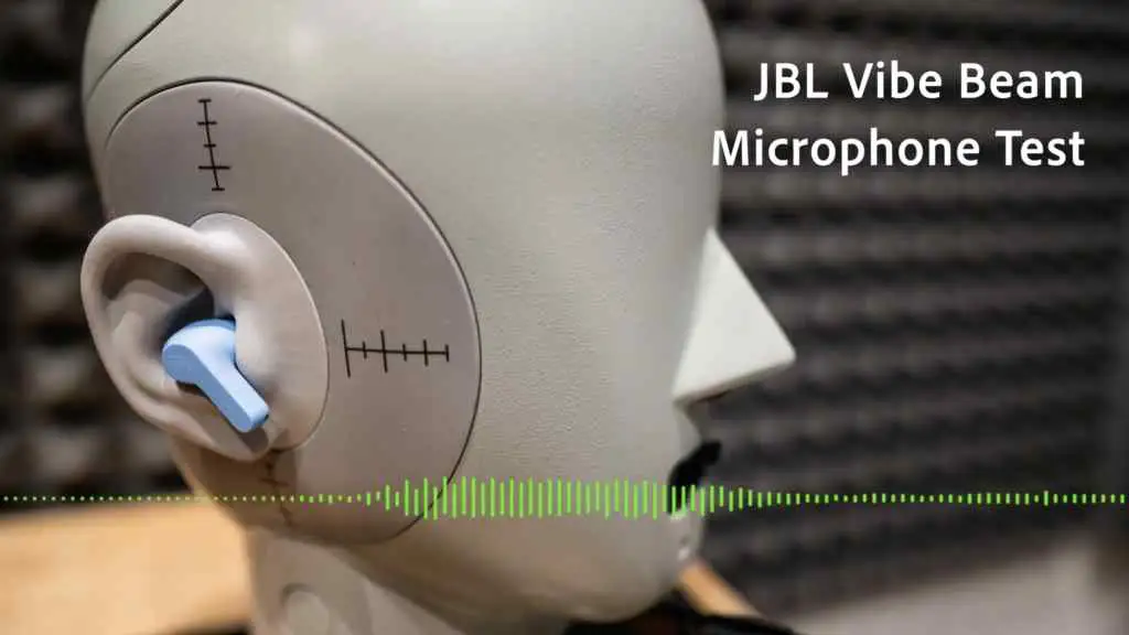 JBL Vibe Beam earbuds close-up with EQ app