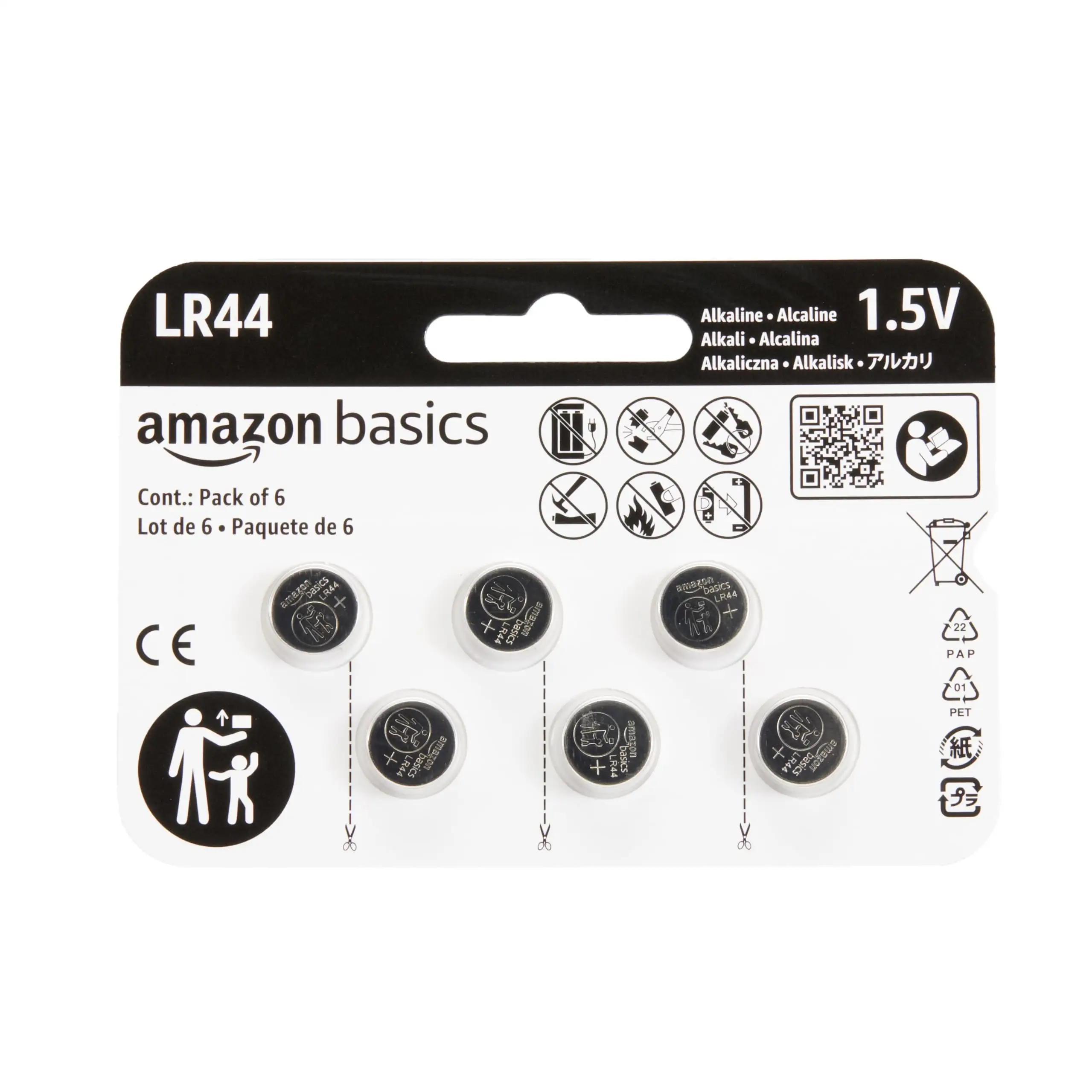 Amazon Basics LR44 battery packaging and expiration date