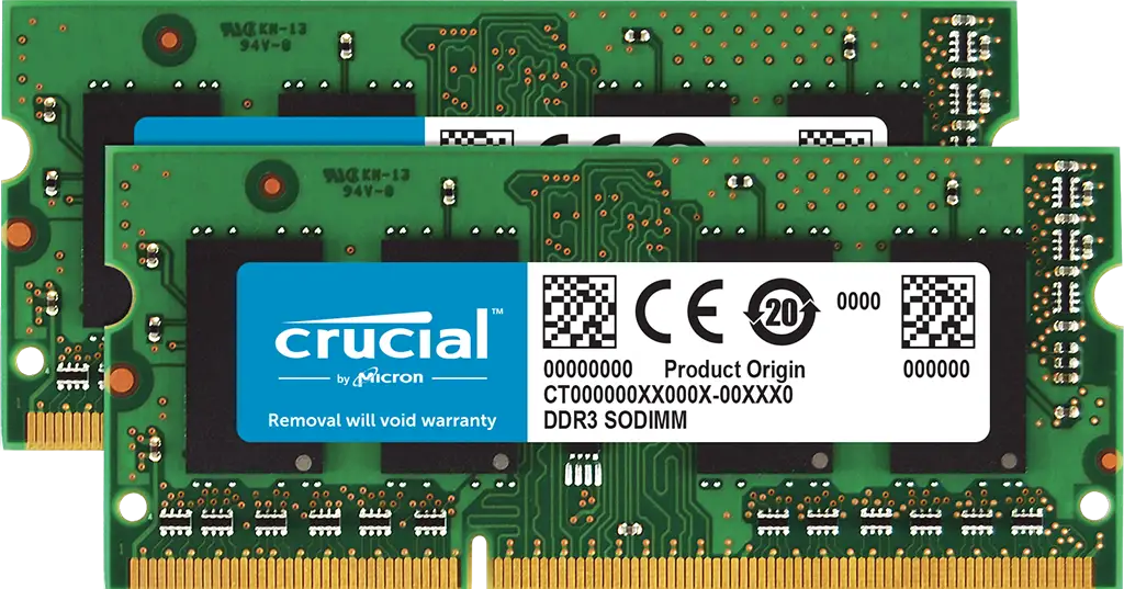 Crucial 16GB DDR3 SODIMM laptop memory module closeup