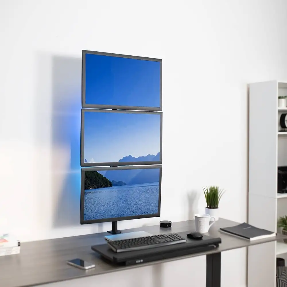 VIVO Triple Monitor Mount desk setup with cables