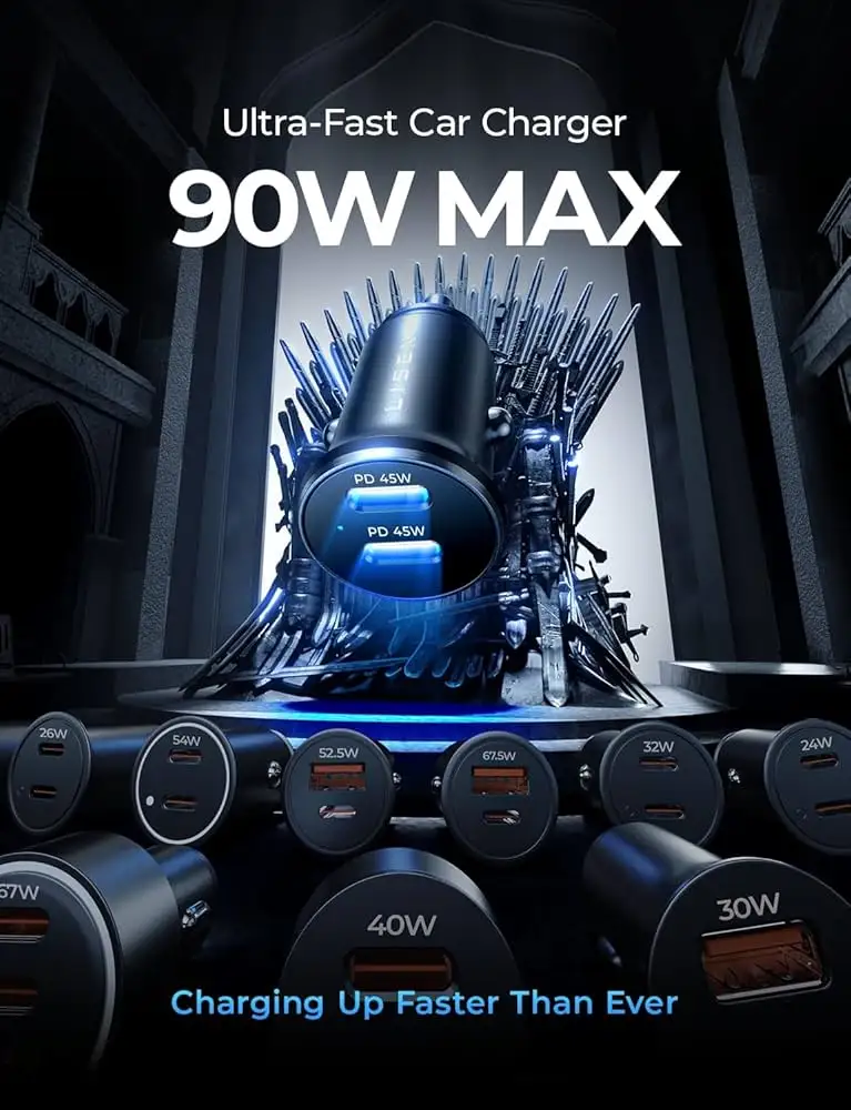 LISEN 90W USB C Car Charger with blue LED ring