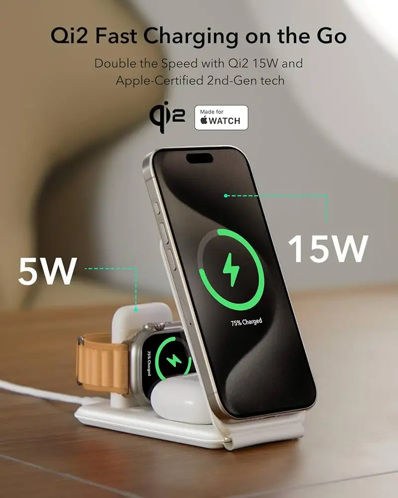 ESR Qi2 charger with iPhone, Watch and AirPods