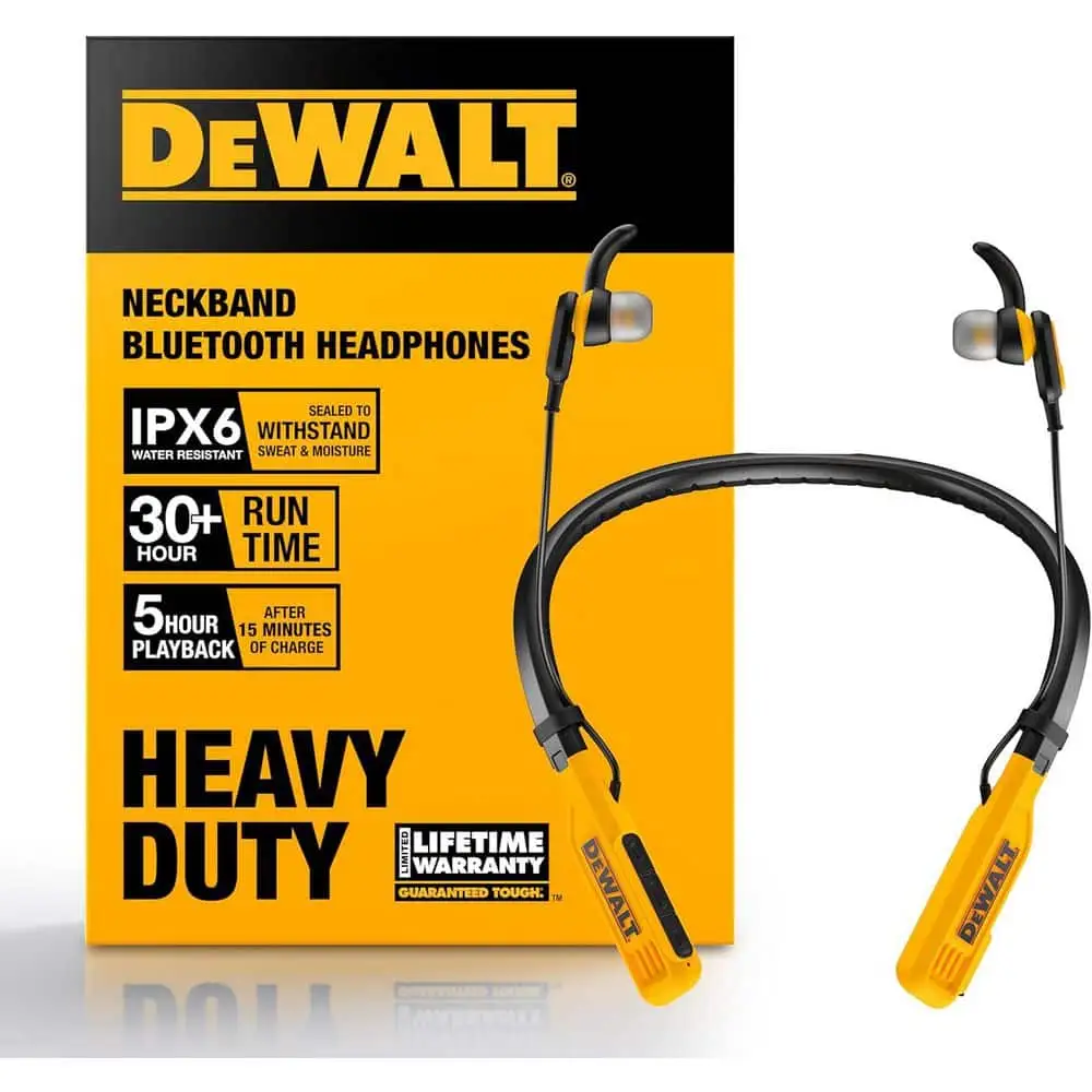 DEWALT Bluetooth Neckband headphones showing bright yellow design