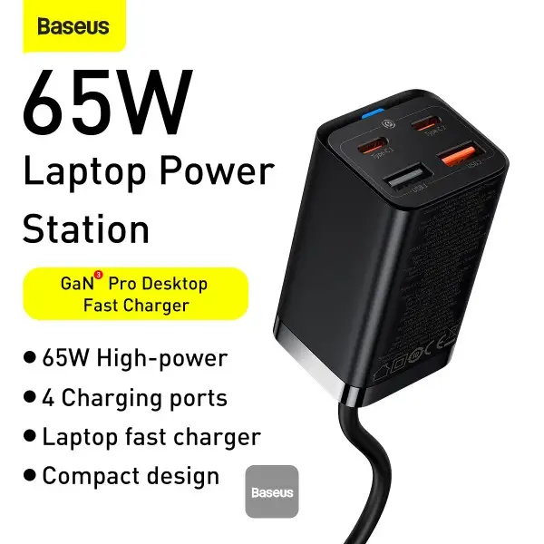 Baseus 65W USB-C charger compact triple-port design