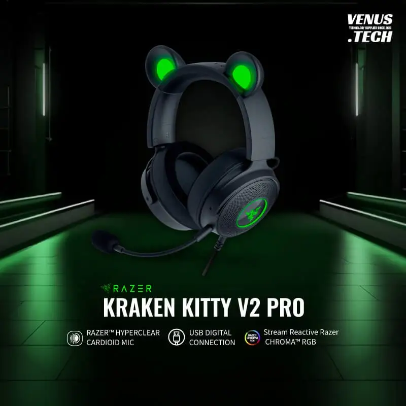 Razer Kraken Kitty V2 Pro gaming headset in pink with ears