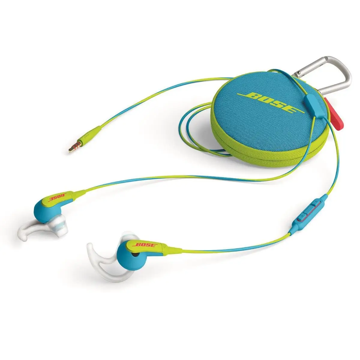 Bose SoundSport in‑Ear neon blue headphones closeup