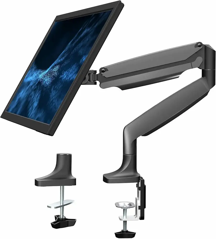 VIVO STAND-V001Q desk mount shown in workspace setup