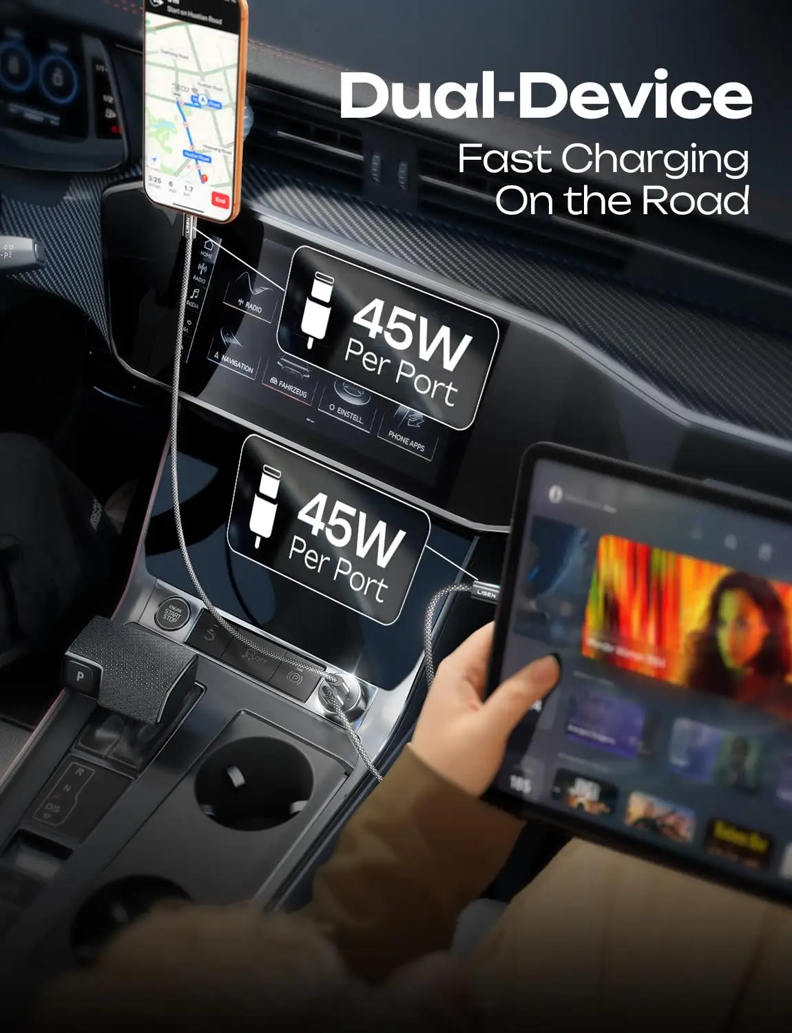 LISEN 90W USB-C car charger bundle cables