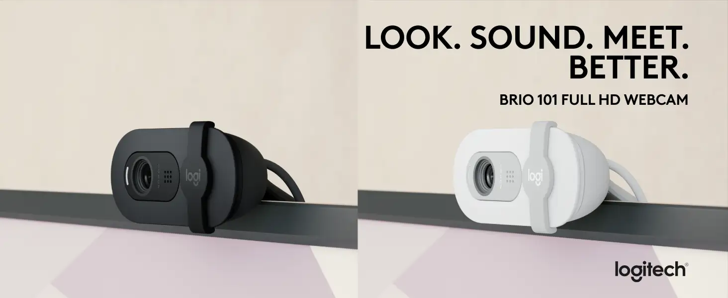 Logitech Brio 101 webcam showing privacy shutter