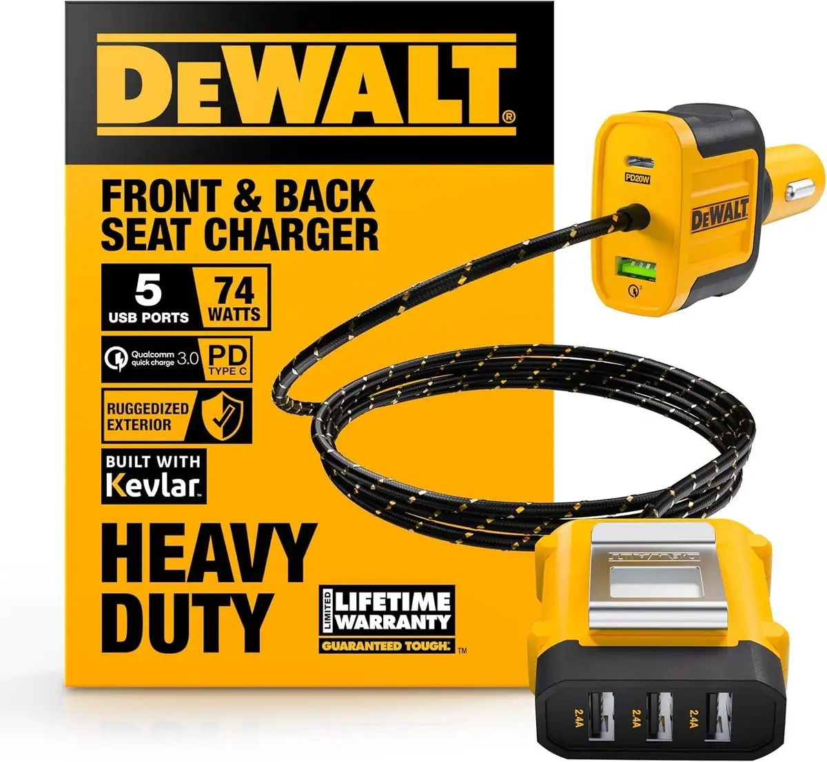 DEWALT 5-Port USB Car Charger multi-device setup