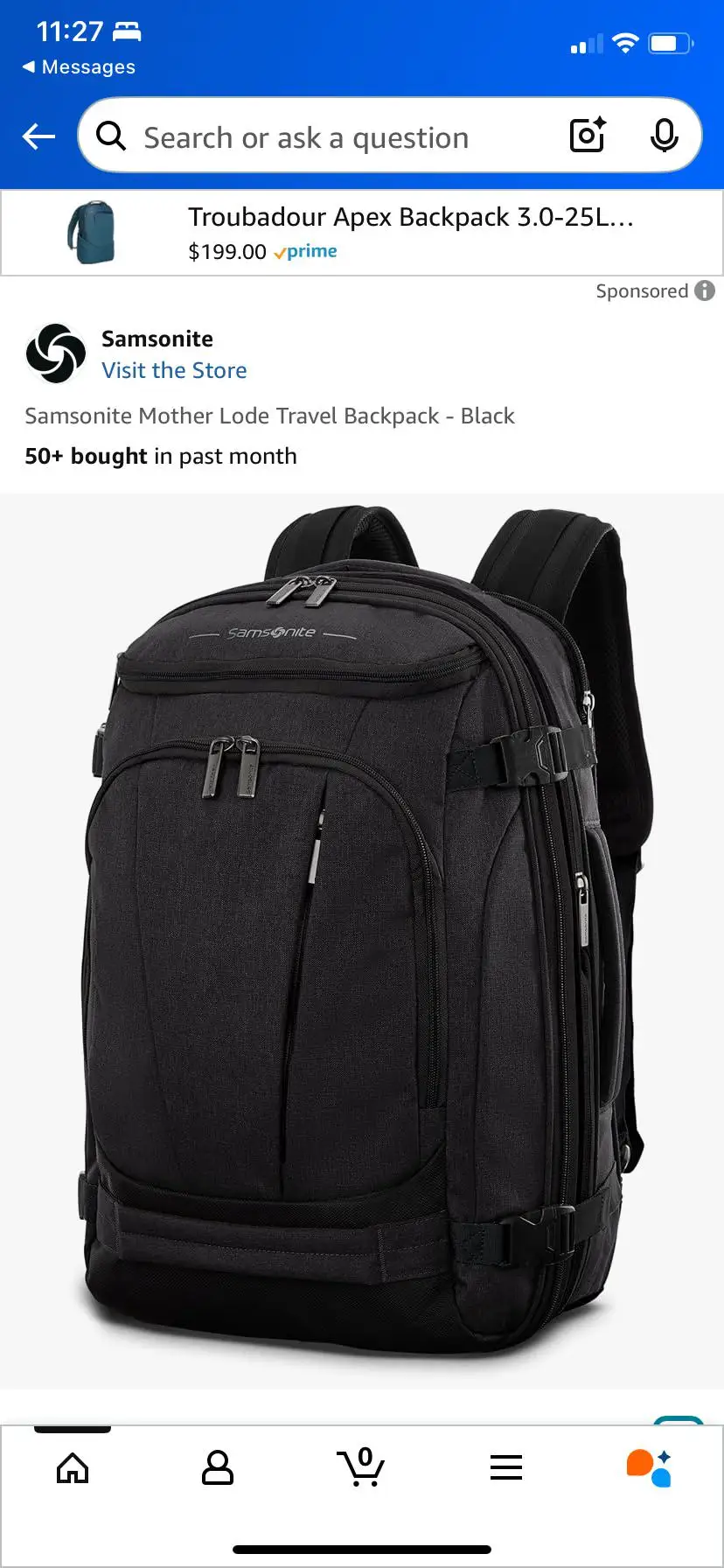 Samsonite Mother Lode backpack showing U-shaped opening