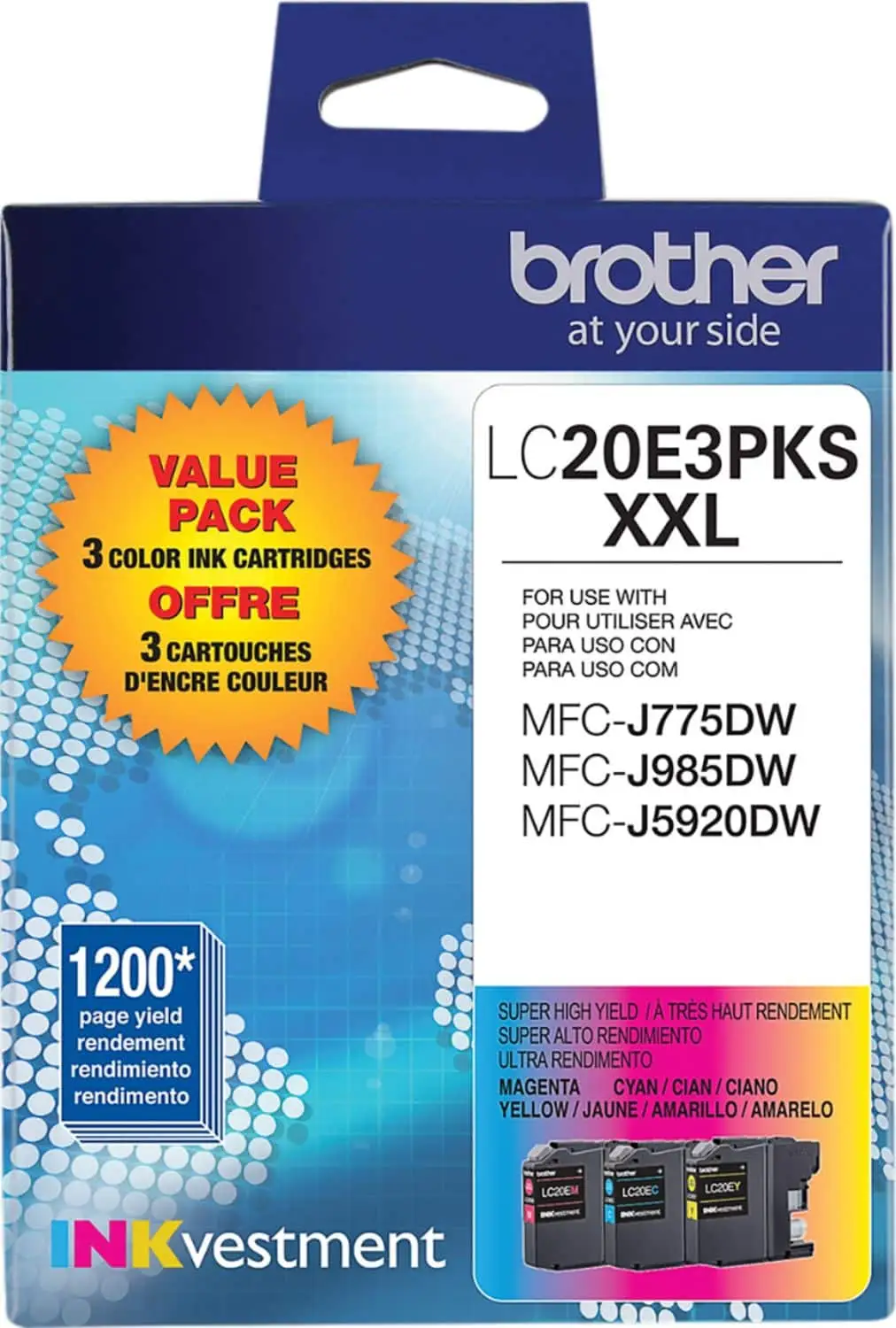Brother LC20E cartridges shown with printer compatibility focus