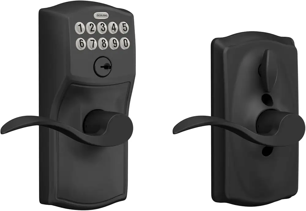 SCHLAGE FE595 Matte Black keypad lock installed on door