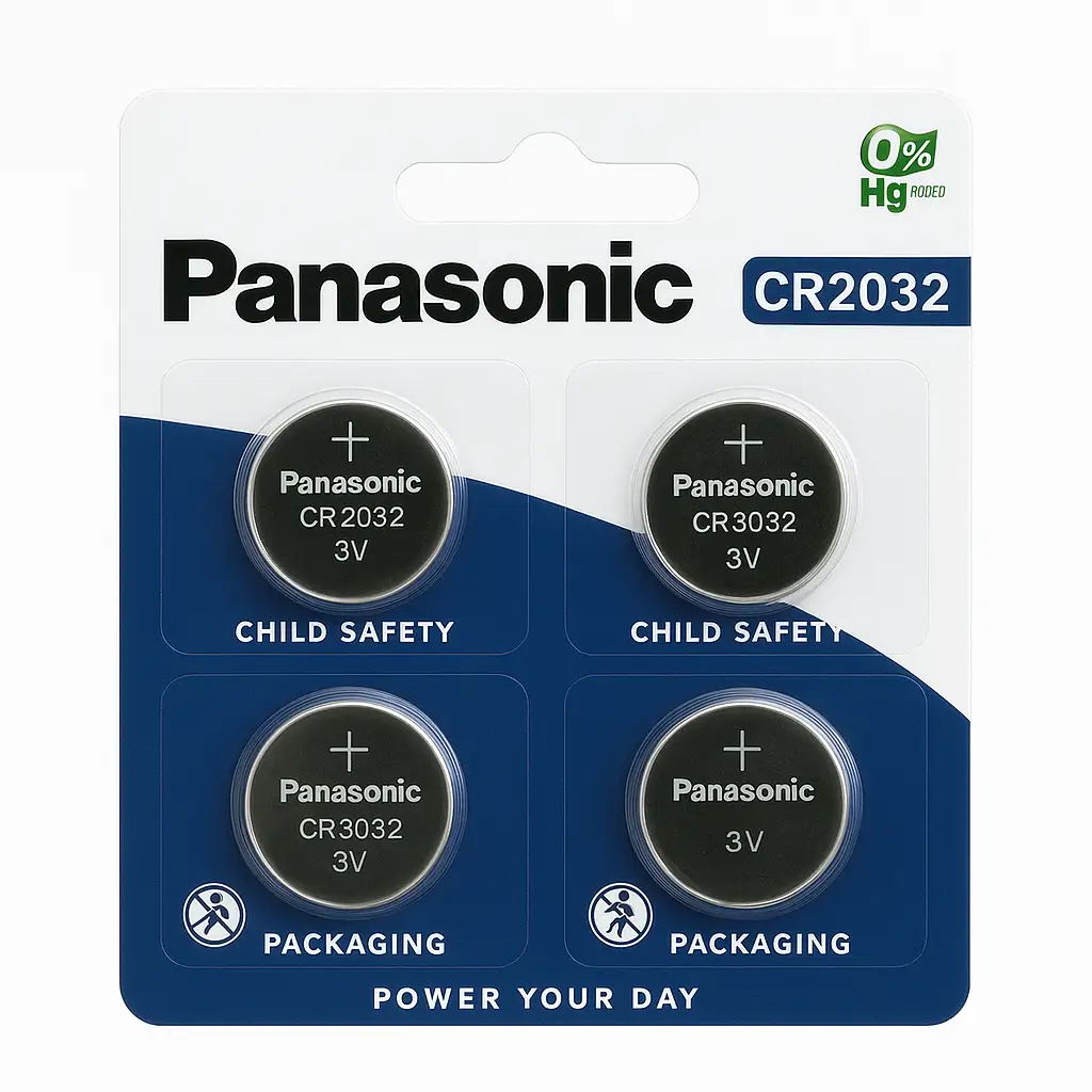 Panasonic CR2032 battery pack with safety packaging