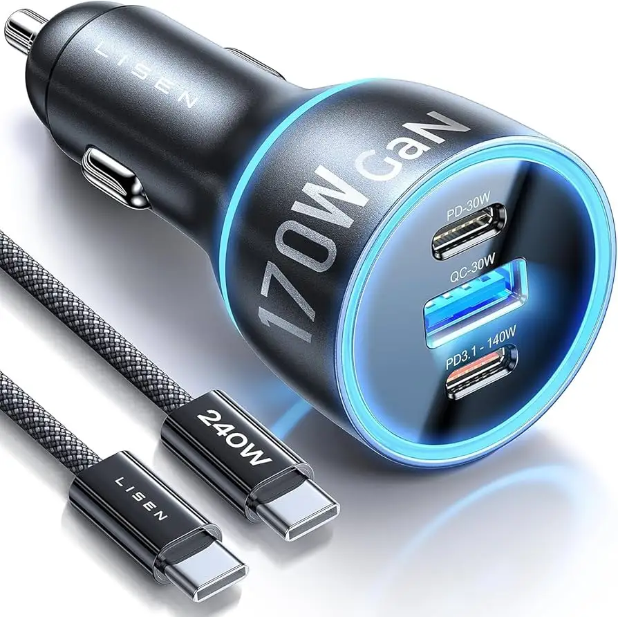 LISEN 170W car charger showing ports and power-sharing notes