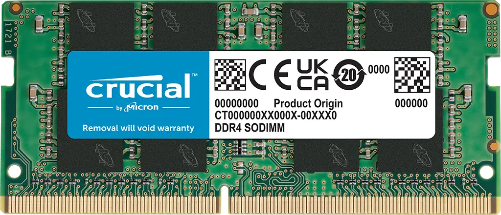 Crucial 16GB DDR4 SODIMM memory module angled view