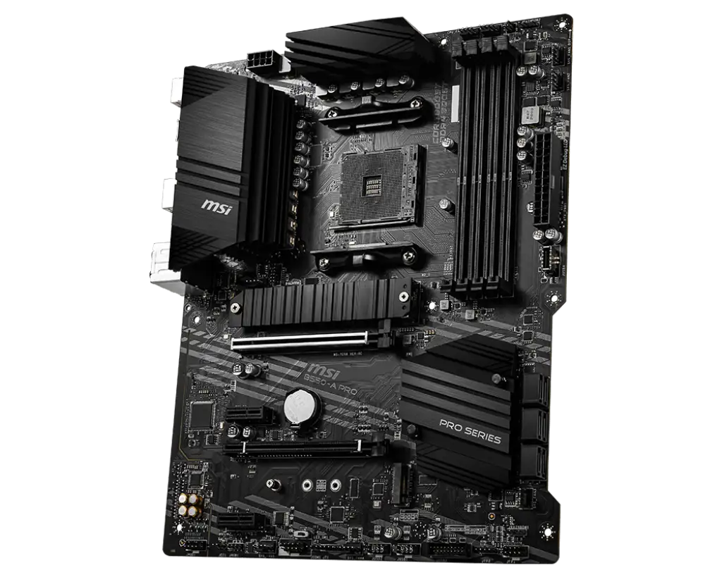 MSI B550-A PRO angled PCIe and M.2 view