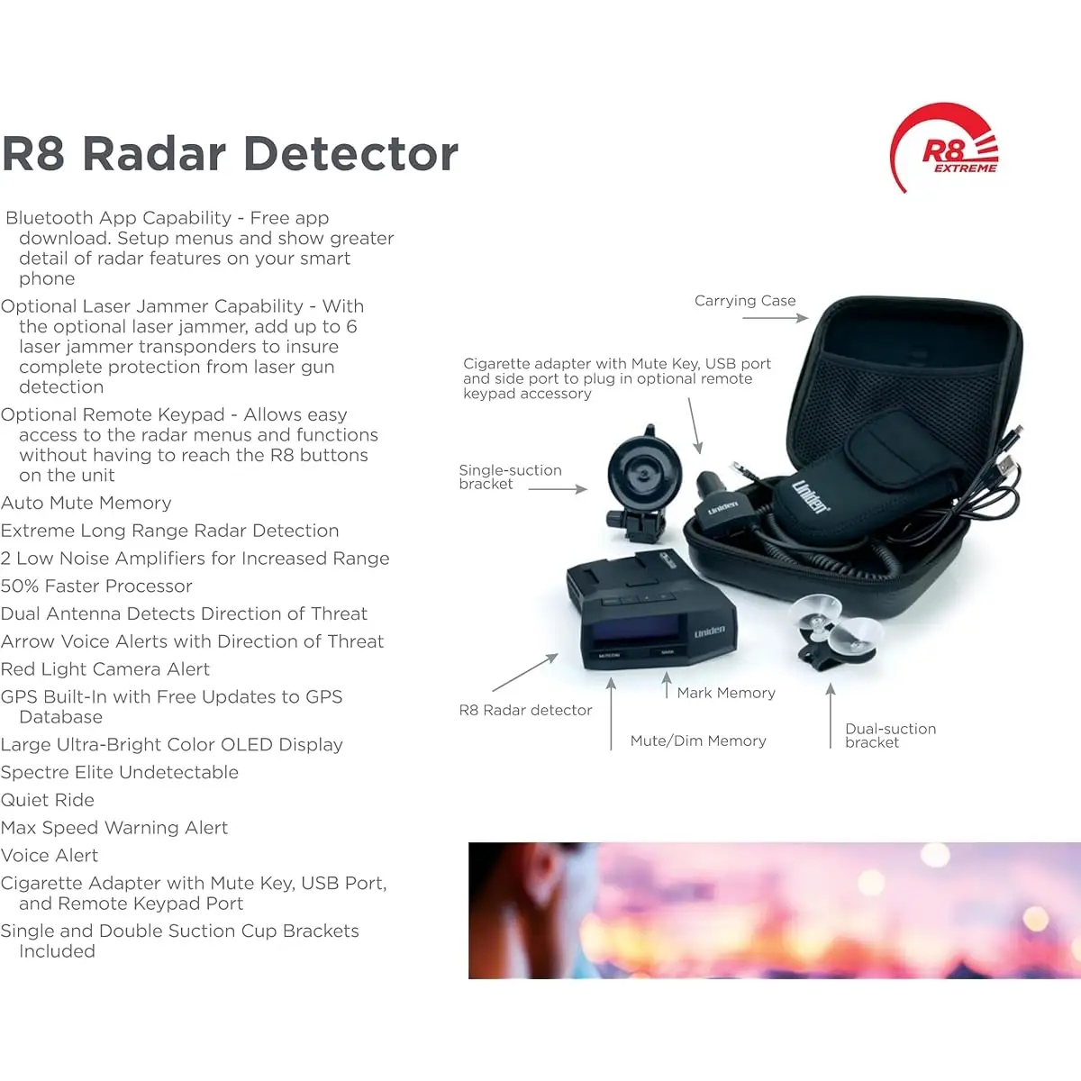 Uniden R4 radar detector retail packaging and accessories