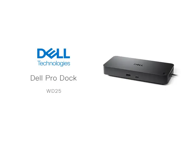 Dell Pro Dock WD25 retail packaging and accessories