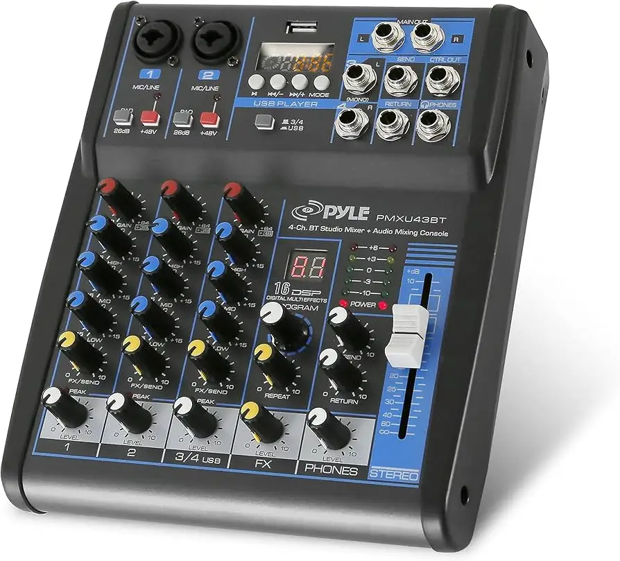 Pyle PMXU43BT audio mixer front panel view