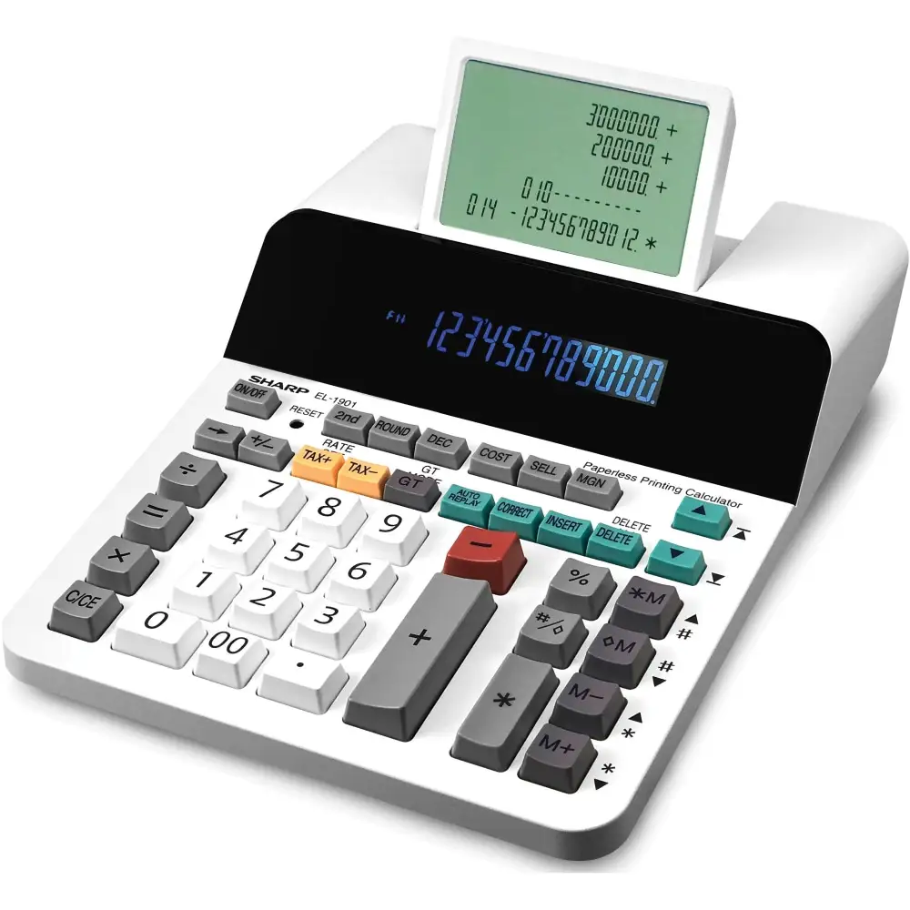 Sharp EL-1901 desk calculator showing quiet paperless workflow