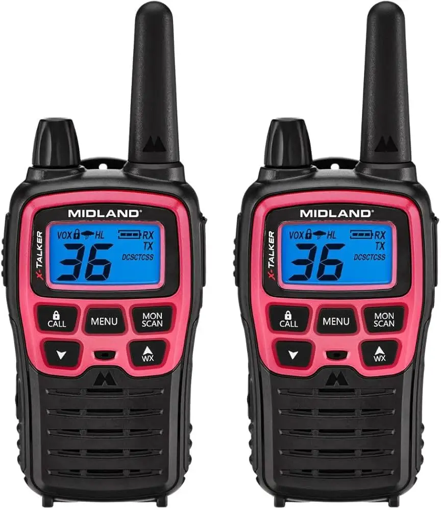 Midland X-TALKER radios with belt clips and NOAA features