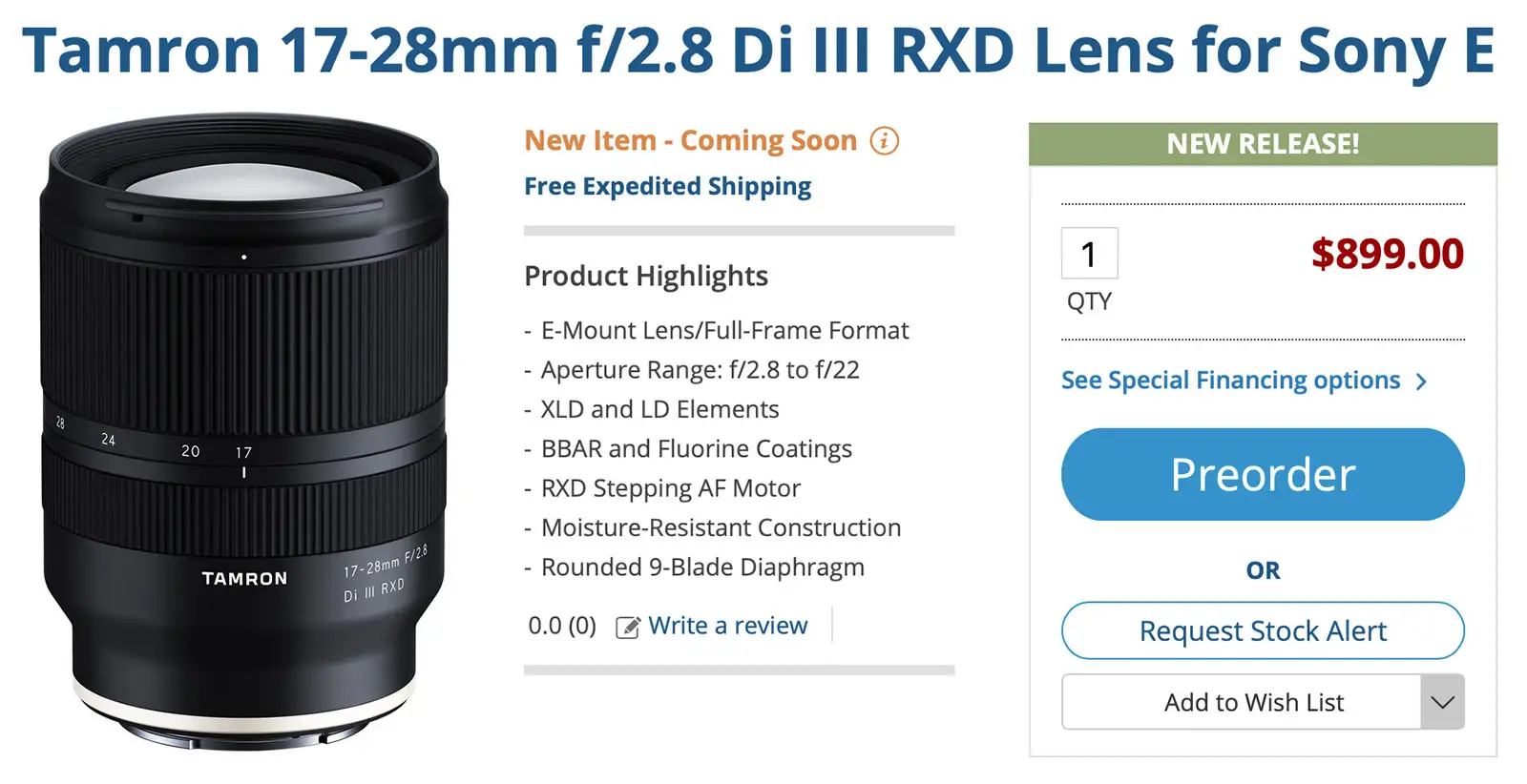 Tamron 17-28mm product shot with accessories