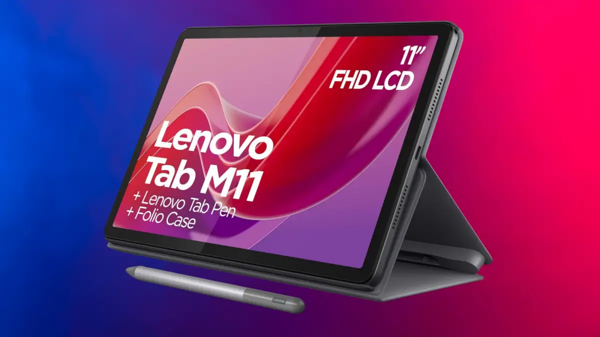Lenovo Tab M11 tablet with folio case angled view