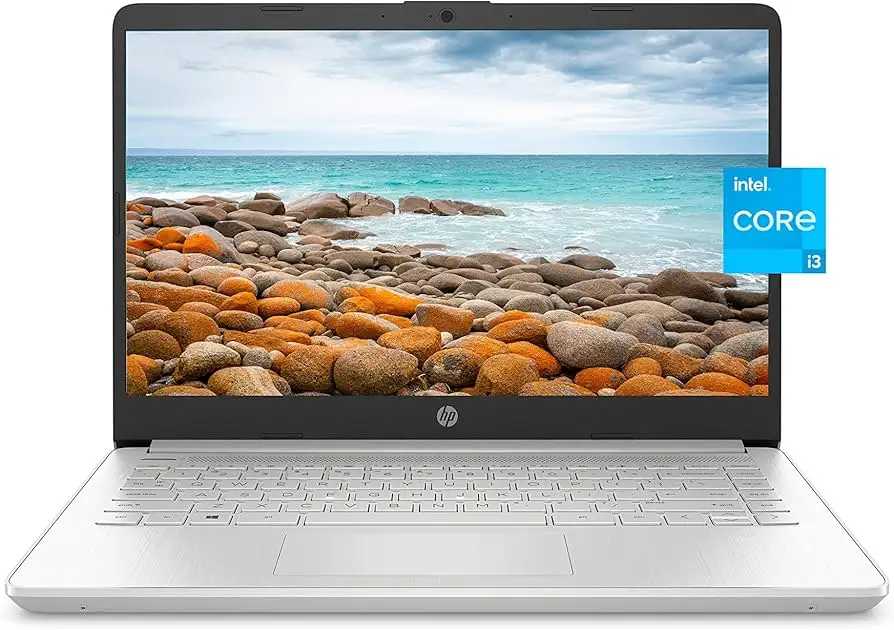 HP 14-inch laptop top view on desk