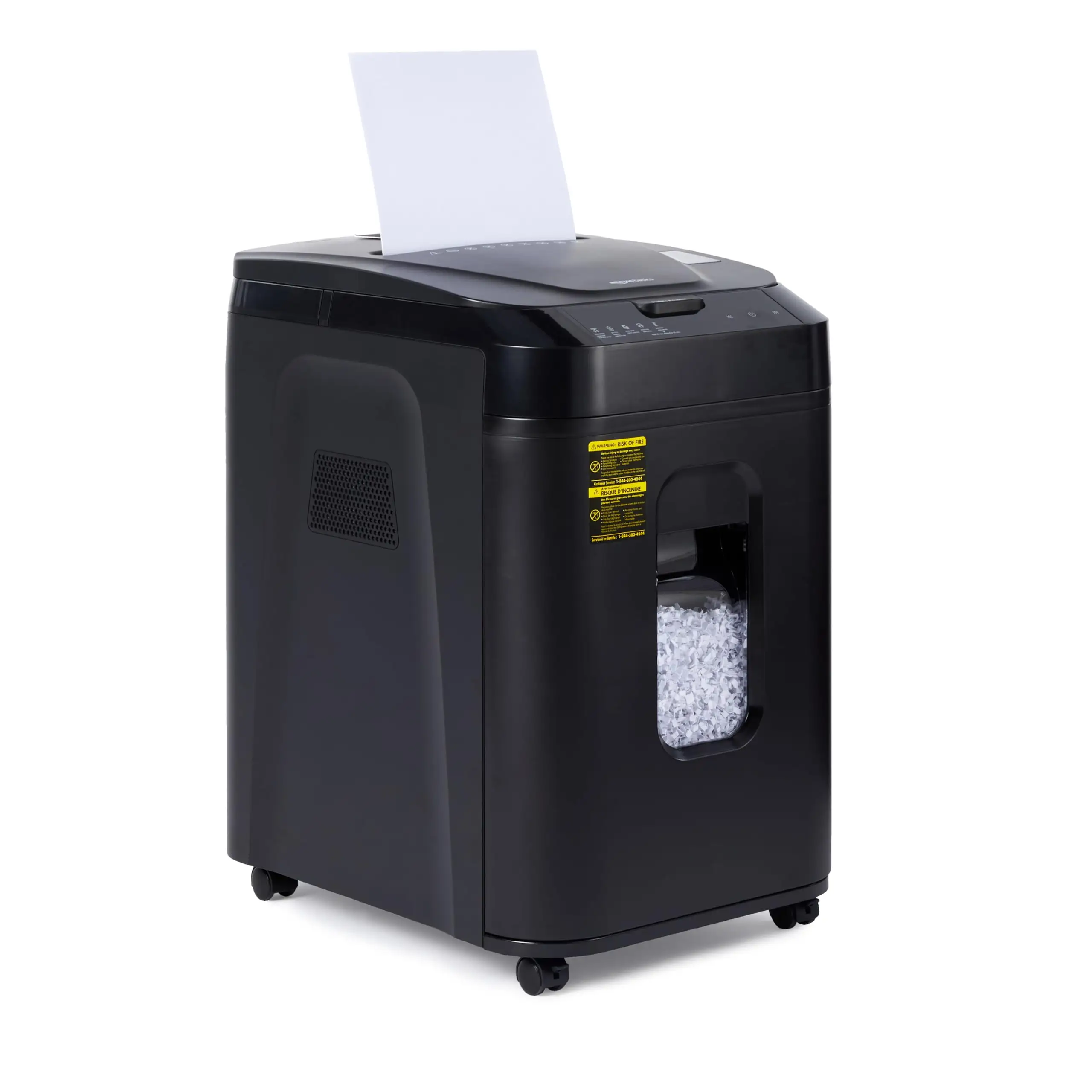 Amazon Basics 8-Sheet shredder showing extendable arm