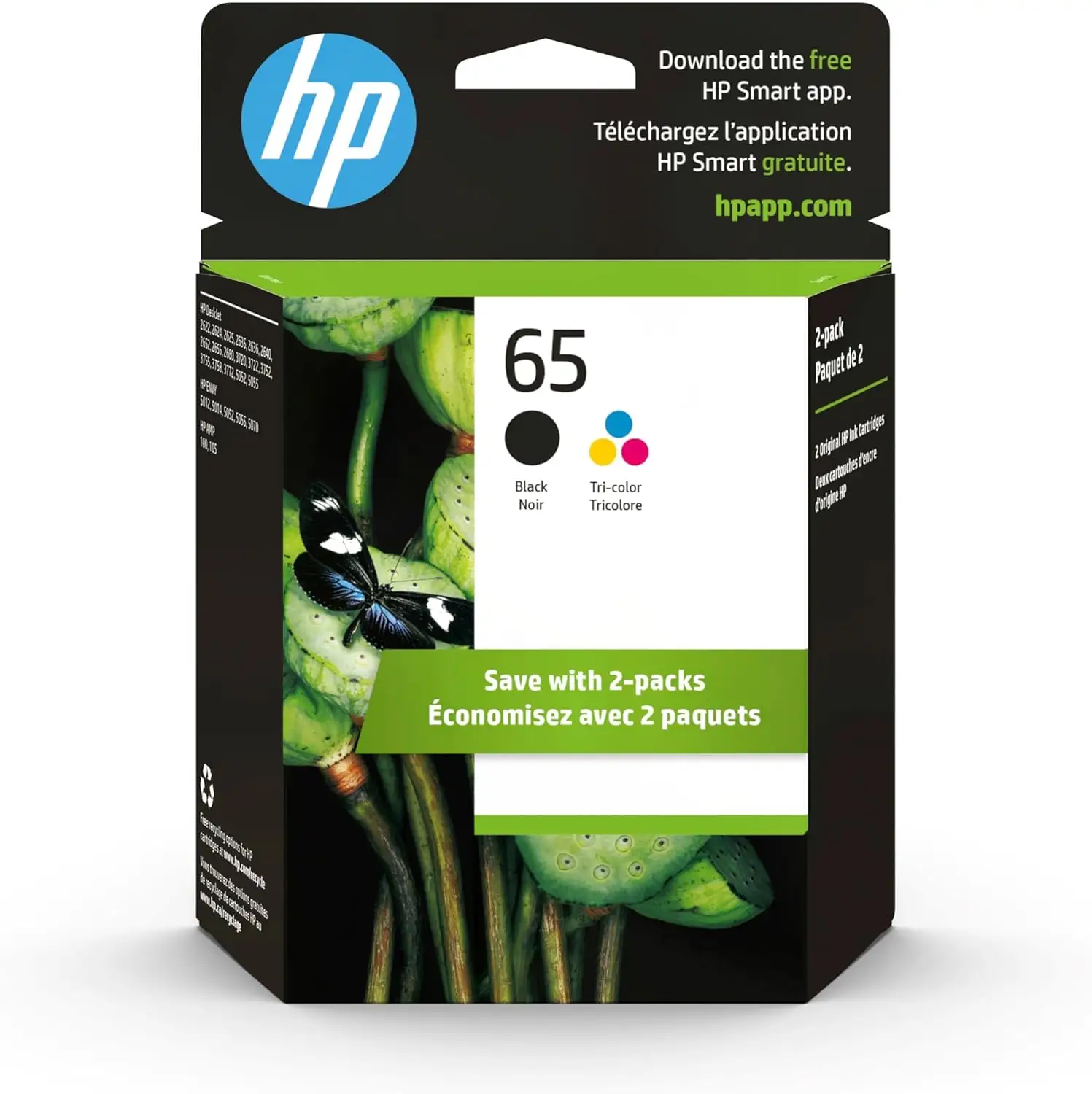 HP 65 Tri-color Ink Cartridge retail packaging