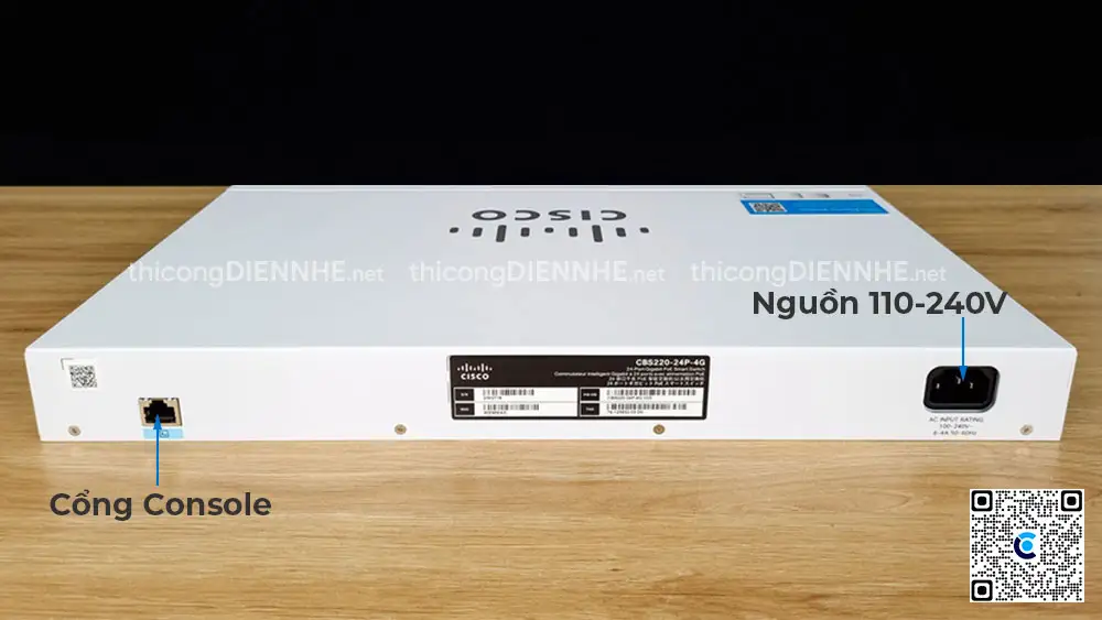 Cisco CBS220-24P-4G rear view with rack mount brackets