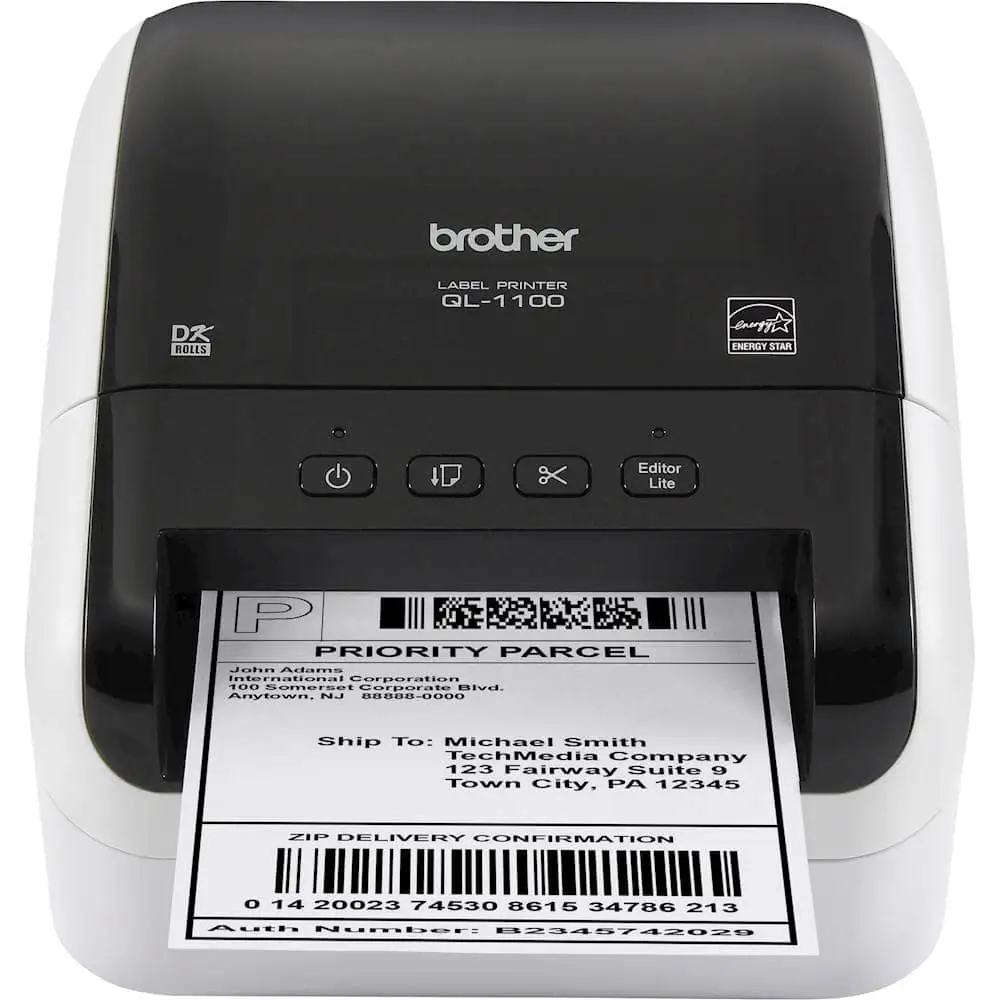 Brother QL-1100 label printer shown in office setup