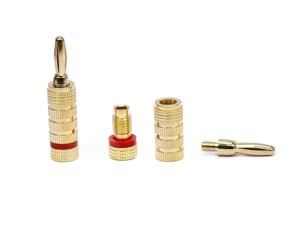 Monoprice gold banana plugs close up view