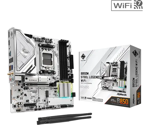 ASRock B850M Steel Legend WiFi packaging and accessories
